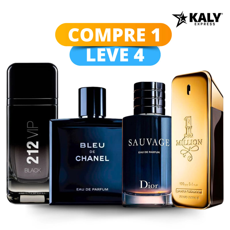 Kit 4 Perfumes Masculinos Importados (100ml cada) - Sauvage Dior l One Million l 212 VIP Black  l Bleu De Chanel [ ÚLTIMAS UNIDADES )